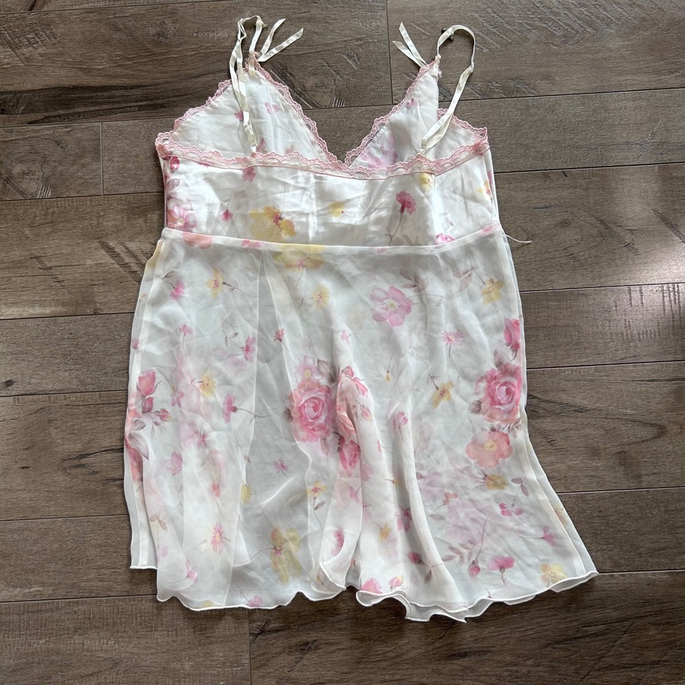 Y2K California Dynasty Floral Slip Tank Top White Pink Lace Trim Mini Size L - Picture 5 of 7